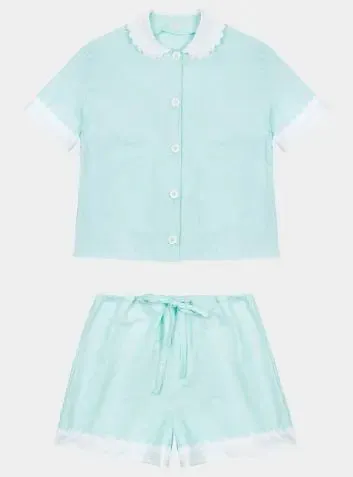 100% Cotton Poplin Pyjamas in Mint With White Contrasting Collar and Cuffs With Ric Rac Trim