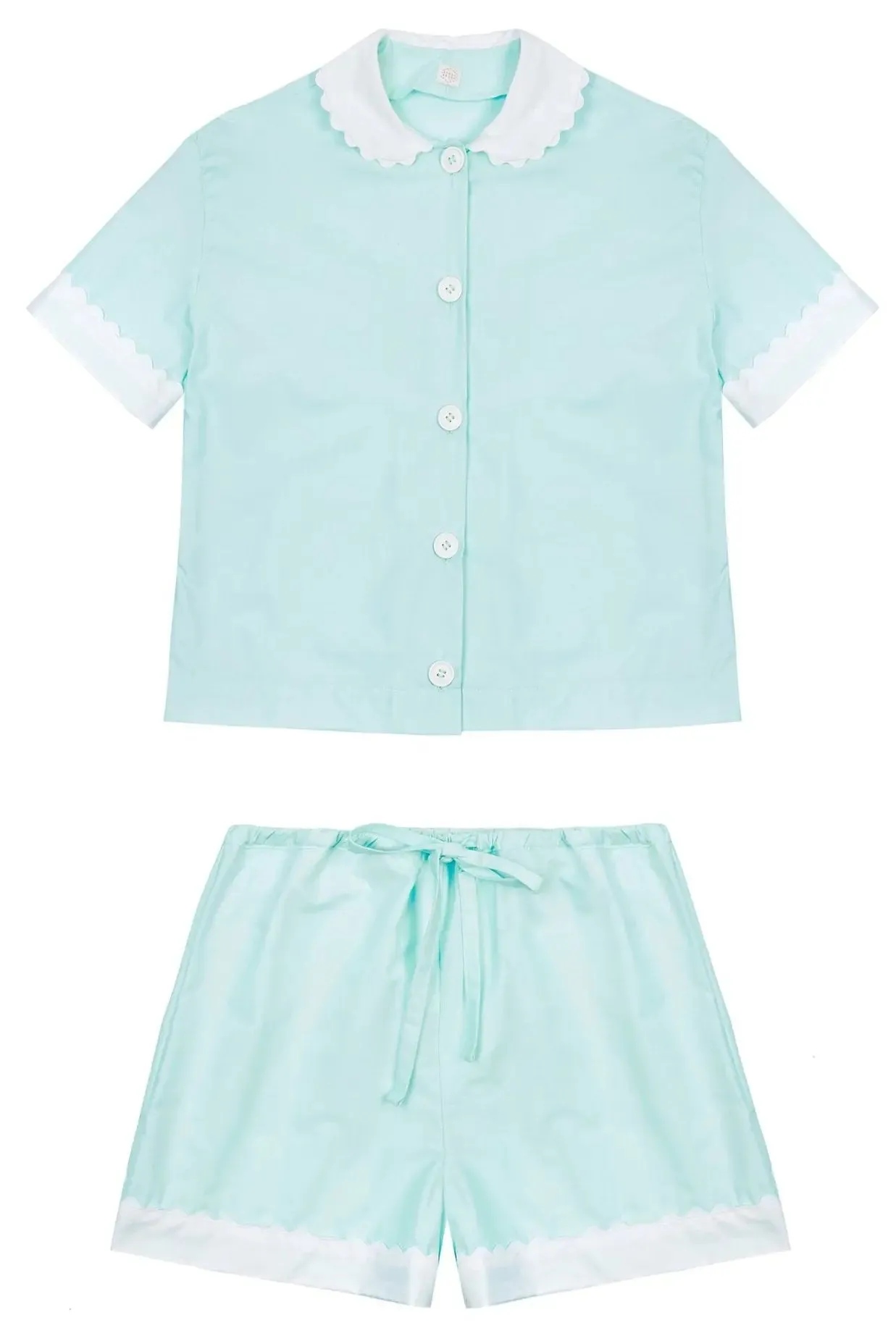 100% Cotton Poplin Pyjamas in Mint With White Contrasting Collar and Cuffs With Ric Rac Trim