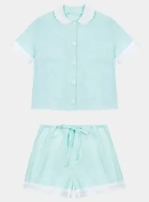 100% Cotton Poplin Pyjamas in Mint With White Contrasting Collar and Cuffs With Ric Rac Trim