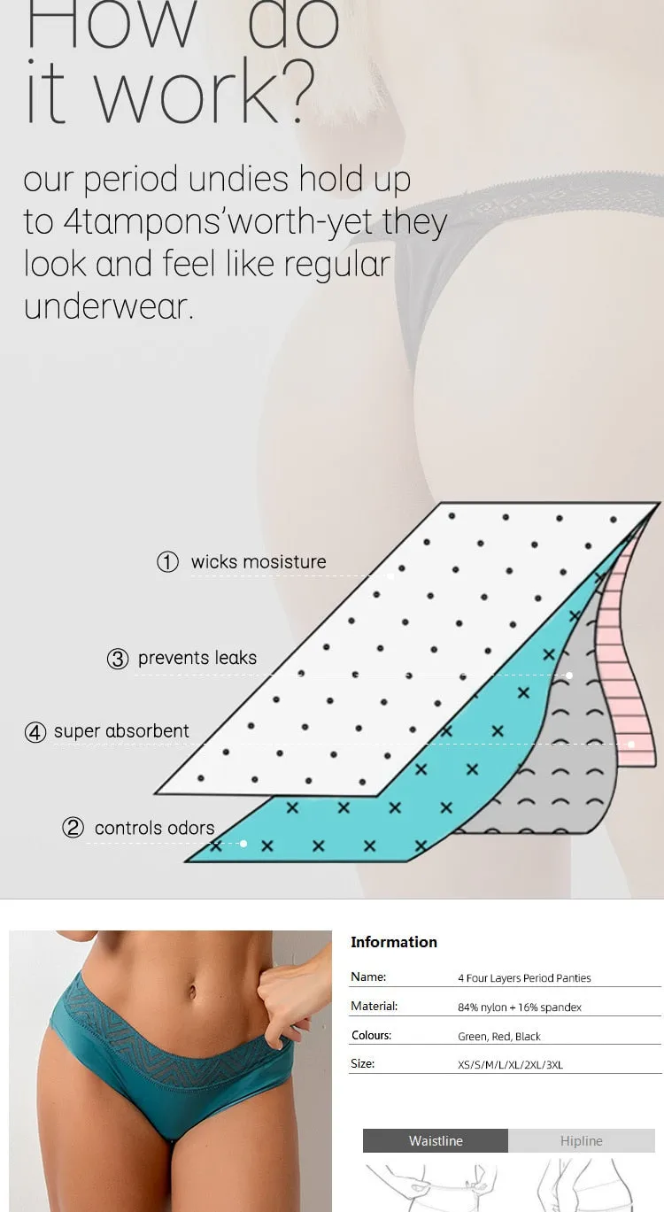 3 colors Leakproof Menstrual Panties Period Breathable Lace Lingerie Physiological Underpants 4 Layer Underwear