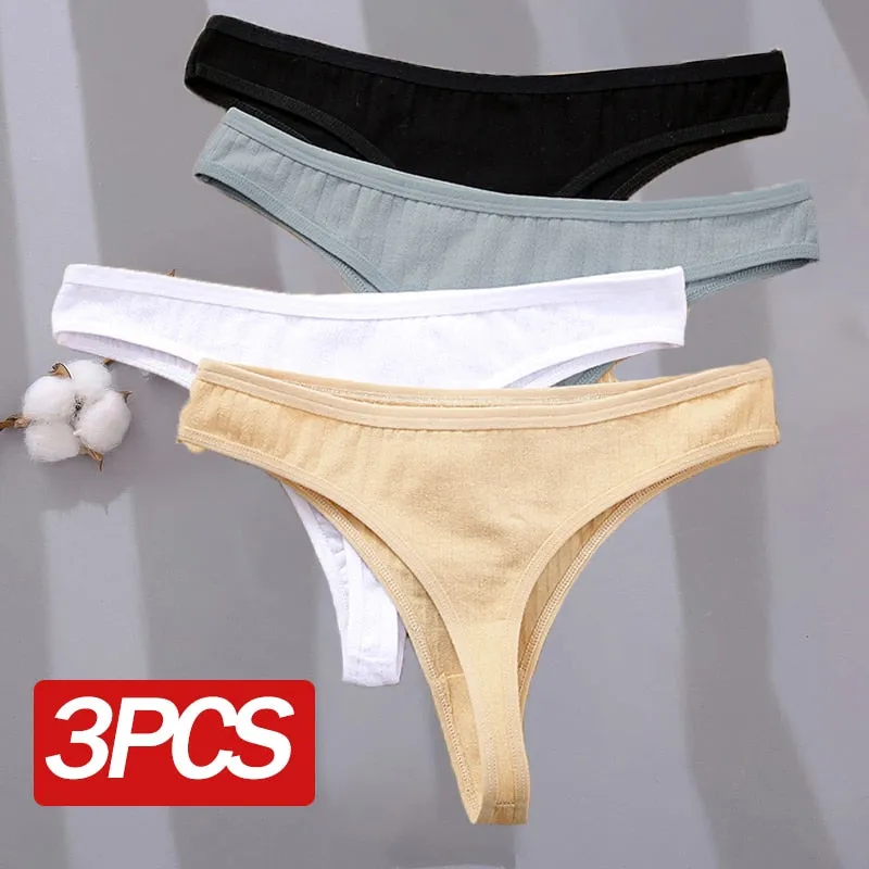 3 Pack G-string Cotton Mix Panties Low-Waist Thongs Striped Solid Underpants Comfortable Briefs Underwear