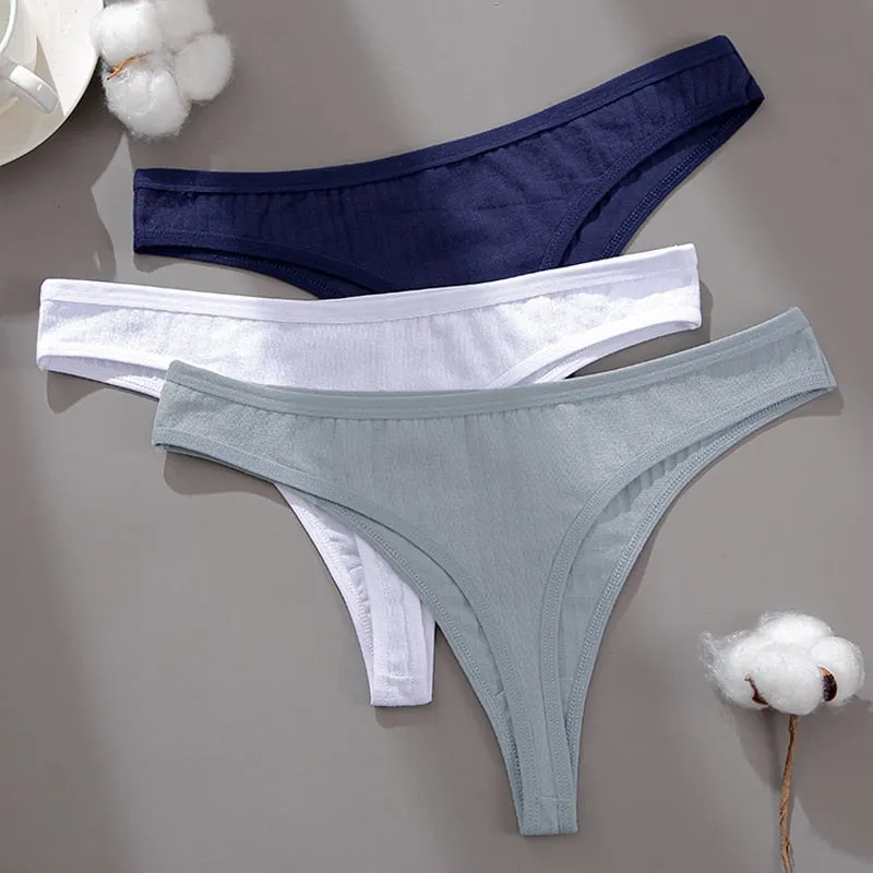 3 Pack G-string Cotton Mix Panties Low-Waist Thongs Striped Solid Underpants Comfortable Briefs Underwear