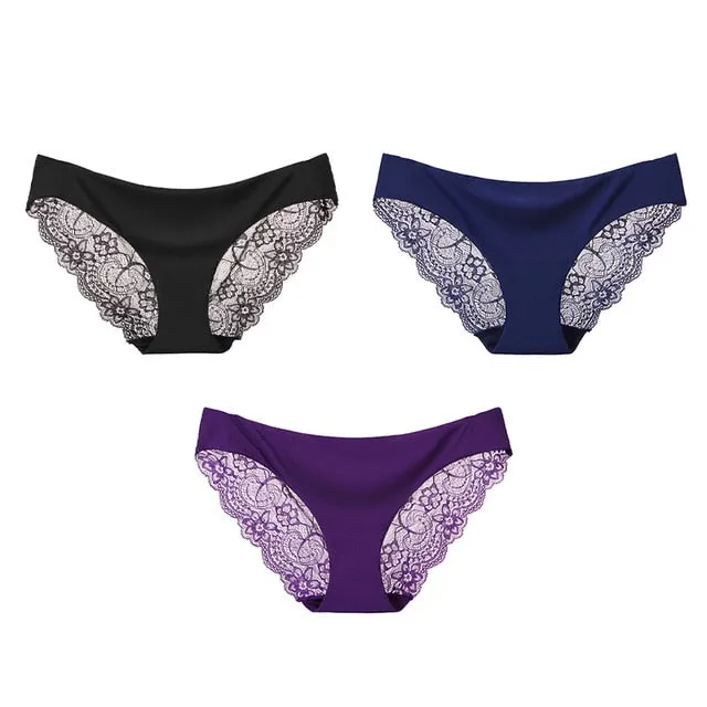 3 Pack Seamless low-Rise women's sexy lace lady panties seamless cotton breathable  Hollow briefs Plus Size underwear