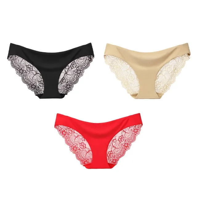 3 Pack Seamless low-Rise women's sexy lace lady panties seamless cotton breathable  Hollow briefs Plus Size underwear