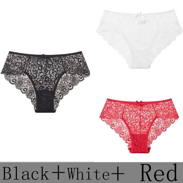 3 Pack Sexy Lace Low Rise Brief Thongs Plus Size Panties