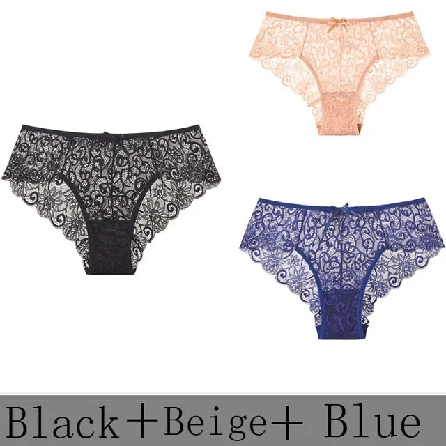 3 Pack Sexy Lace Low Rise Brief Thongs Plus Size Panties