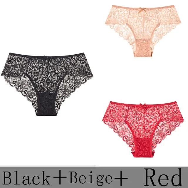 3 Pack Sexy Lace Low Rise Brief Thongs Plus Size Panties