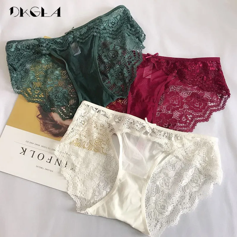 3 Piece Low-rise White Green Red wine Underwear Lace Transparent Briefs Hollow Out Embroidery Panty