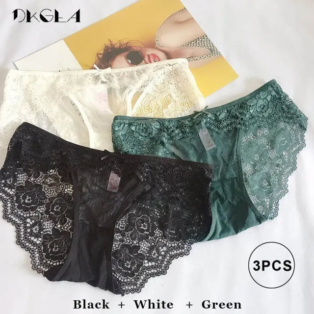 3 Piece Low-rise White Green Red wine Underwear Lace Transparent Briefs Hollow Out Embroidery Panty