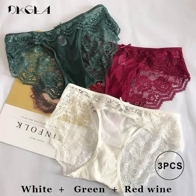 3 Piece Low-rise White Green Red wine Underwear Lace Transparent Briefs Hollow Out Embroidery Panty