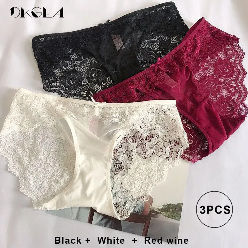 3 Piece Low-rise White Green Red wine Underwear Lace Transparent Briefs Hollow Out Embroidery Panty