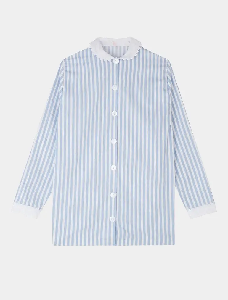 Blue and White Stripe Nightshirt With White Collar and Cuffs - 100% Cotton Poplin