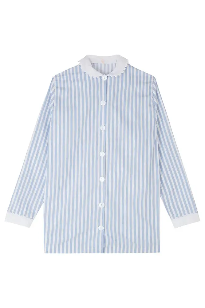 Blue and White Stripe Nightshirt With White Collar and Cuffs - 100% Cotton Poplin