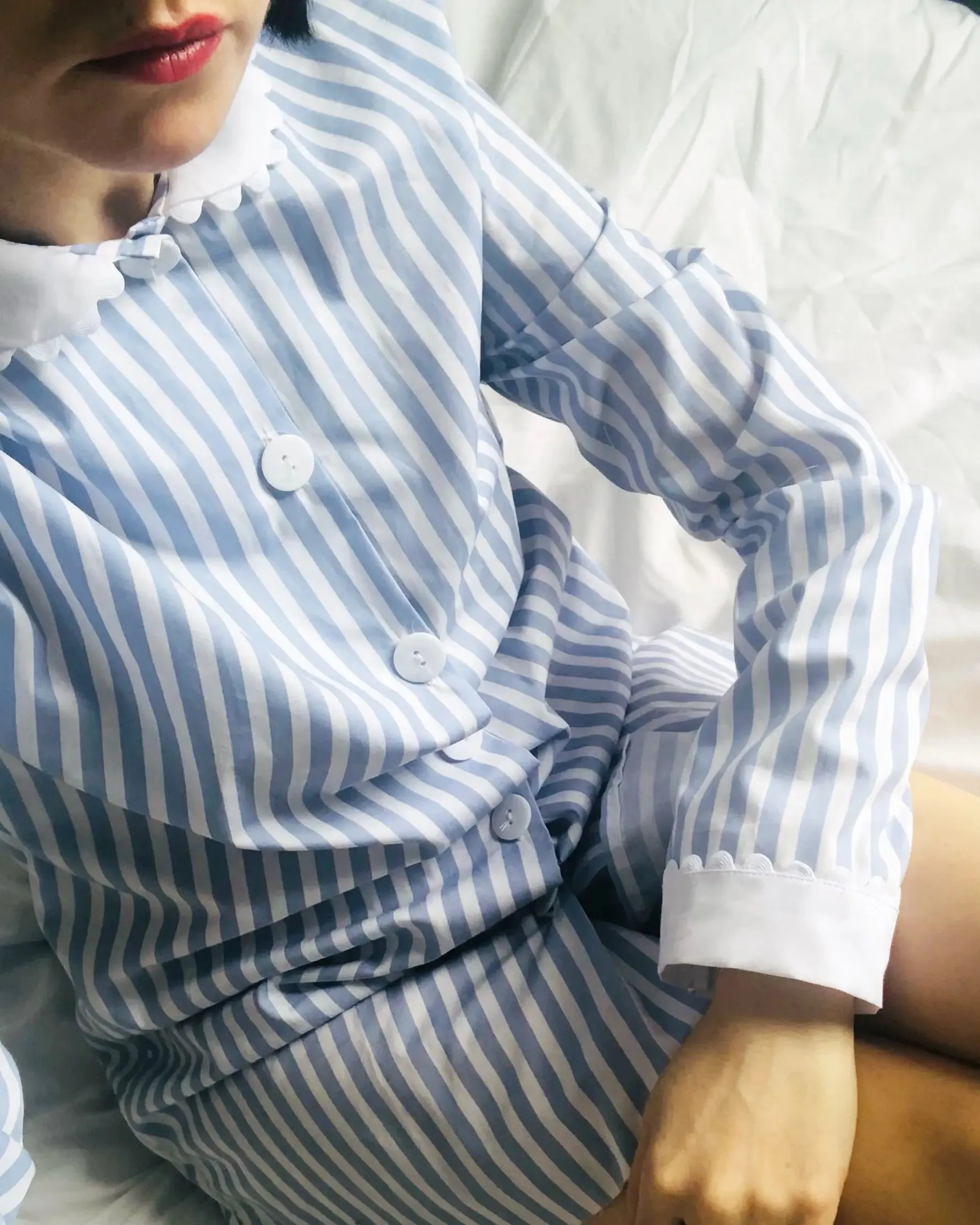 Blue and White Stripe Nightshirt With White Collar and Cuffs - 100% Cotton Poplin