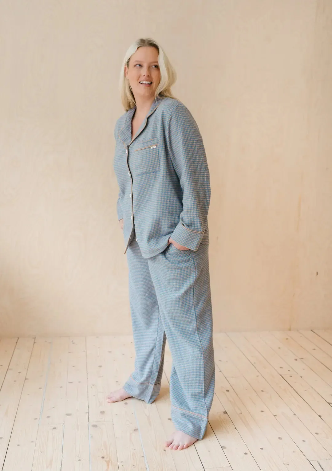 Blue Houndstooth Cotton Pyjama Trouser Set