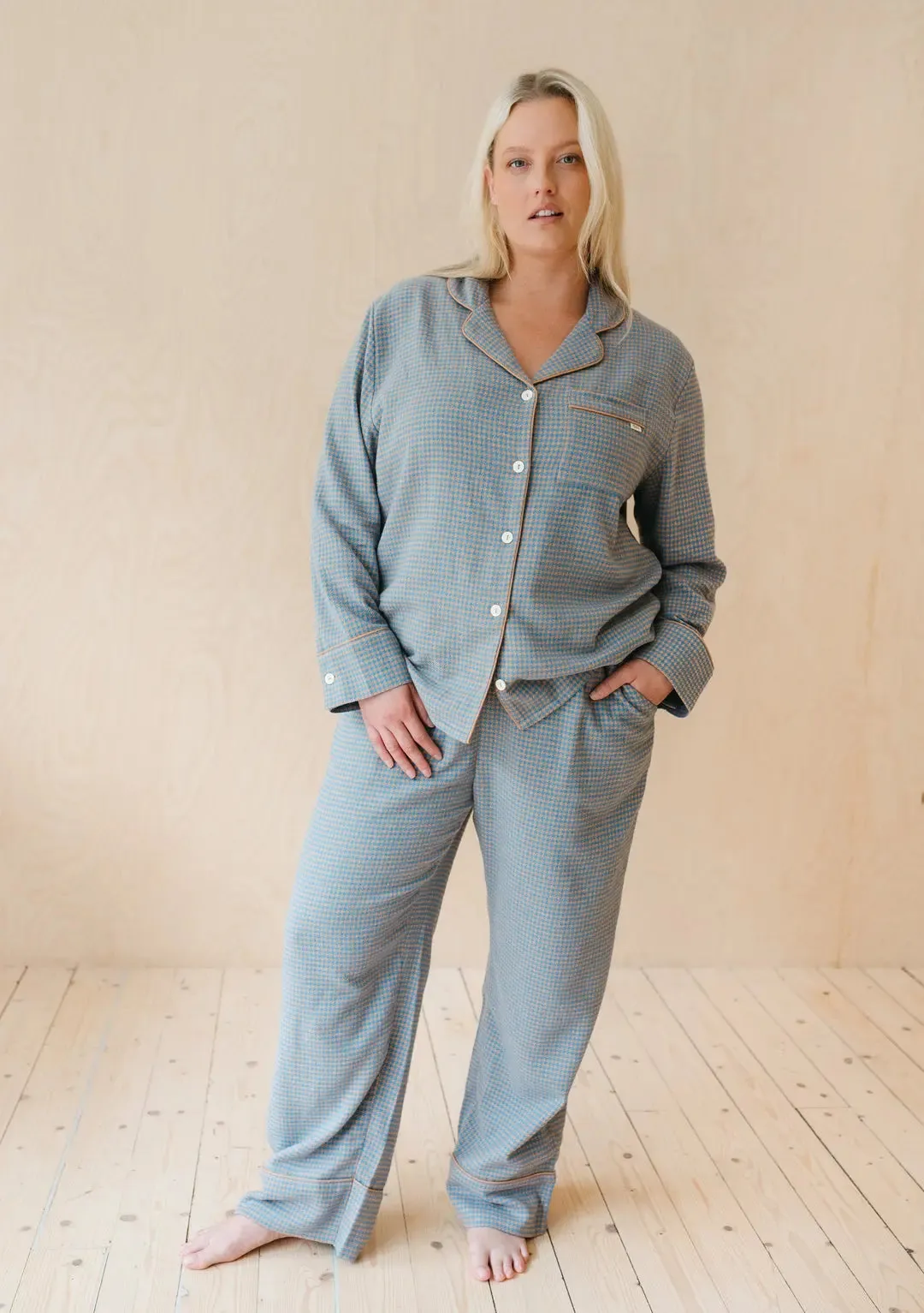 Blue Houndstooth Cotton Pyjama Trouser Set