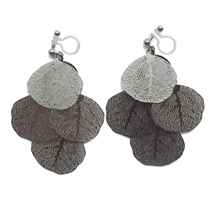 Dangle silver four leaf filigree invisible clip on earrings