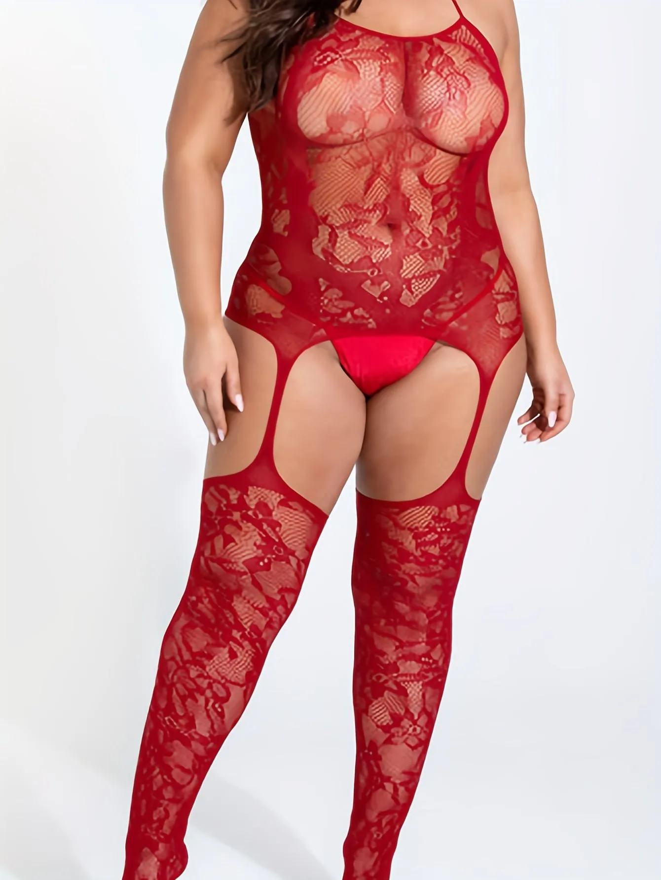 Floral Fantasy Plus Size Sexy Lingerie Bodystockings floral Lace Crotchless See Through Halter