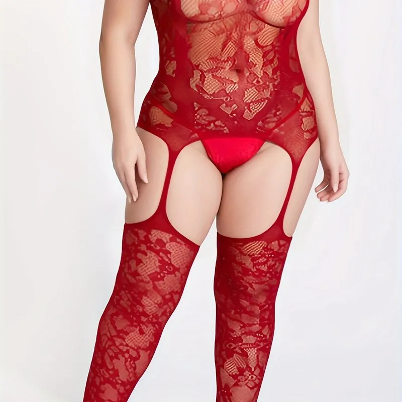 Floral Fantasy Plus Size Sexy Lingerie Bodystockings floral Lace Crotchless See Through Halter