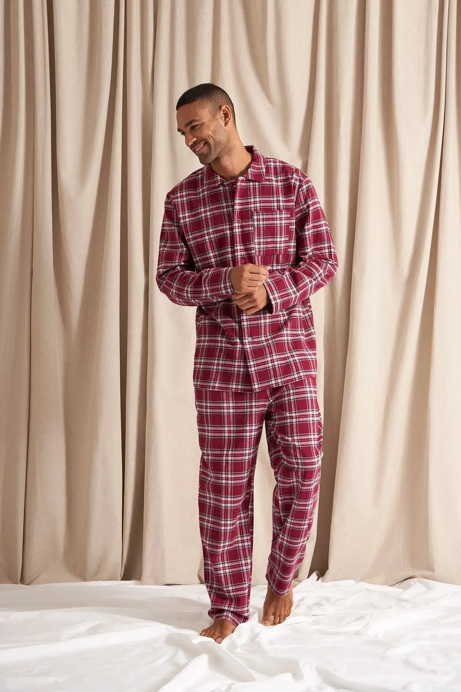 His and Hers Plaid Pyjama Sets in Bordeaux