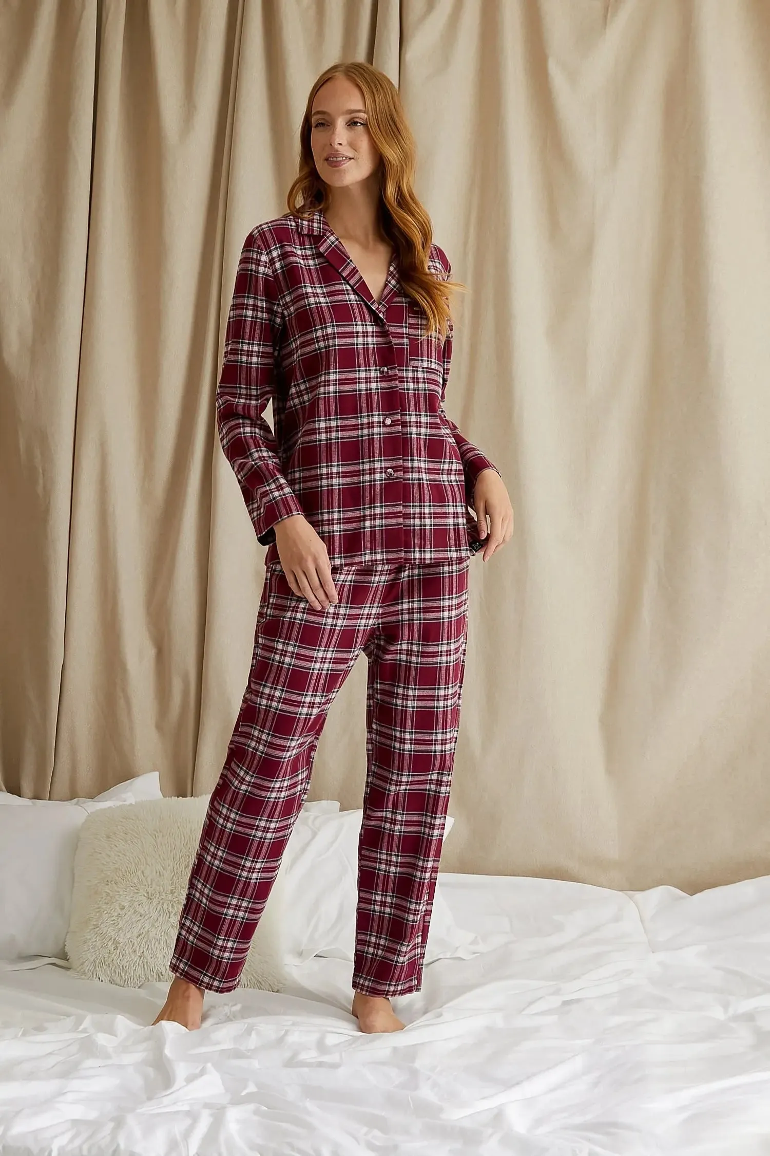 His and Hers Plaid Pyjama Sets in Bordeaux