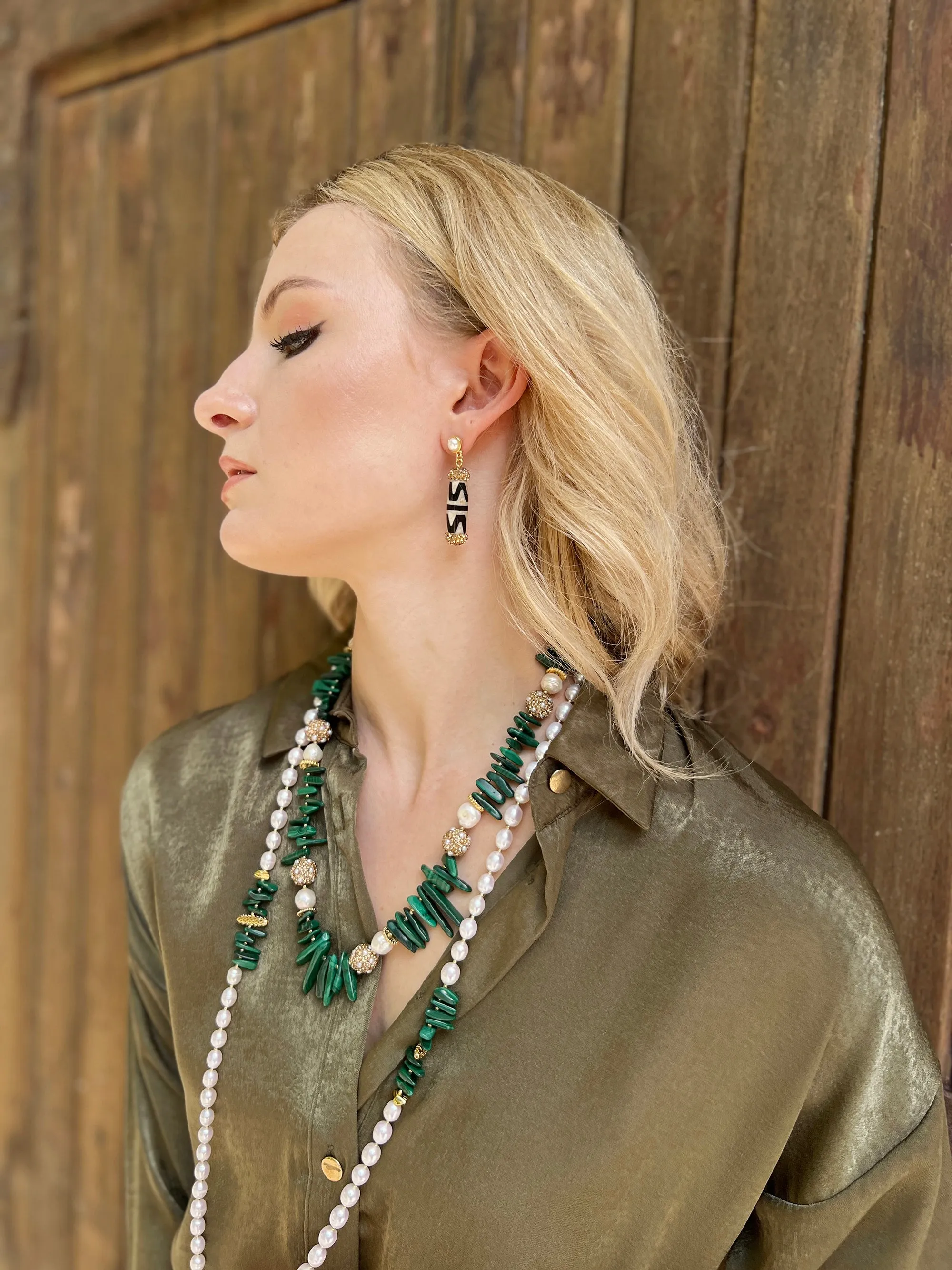 Malachite With Pearl Rhinestone Statement Necklace HN027