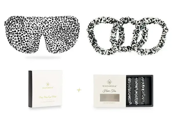 Mayfairsilk Leopard Silk Sleep Mask and Slim Hair Ties Gift Set