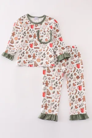 Merry christmas print girl ruffle pajamas set