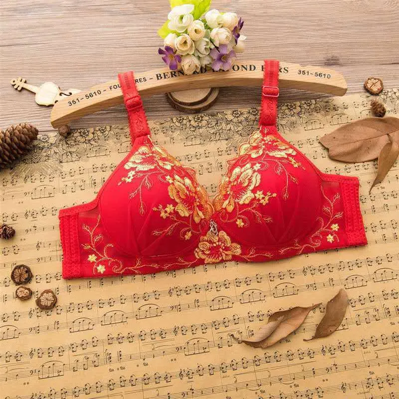 New Printed Front Lace Embroidered Push Up Women Sexy Lace Brassiere Padded Red Bridal Bra 516