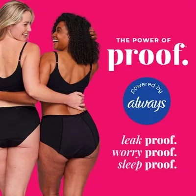 New - Proof. by Always Women's High-Rise Briefs, Overnight Absorbency Period Underwear - X-Large - Black