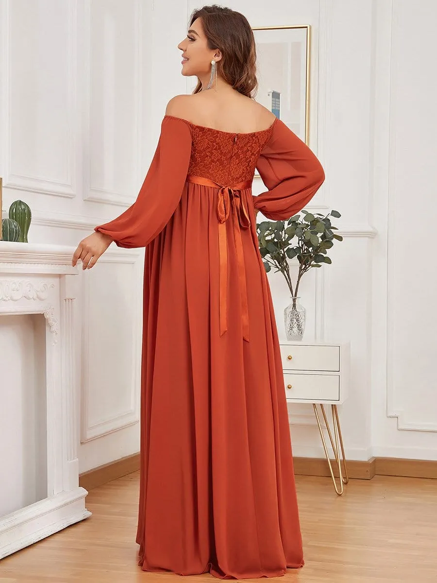 Off-Shoulder Sheer Lace Long Sleeve Bump Friendly Dress