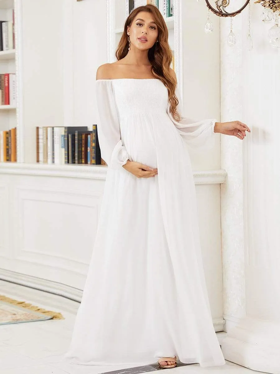 Off-Shoulder Sheer Lace Long Sleeve Bump Friendly Dress