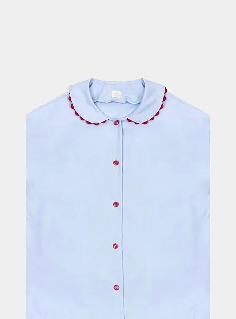 Pale Blue Nightshirt With Red Ric Rac Trim - 100% Cotton Poplin