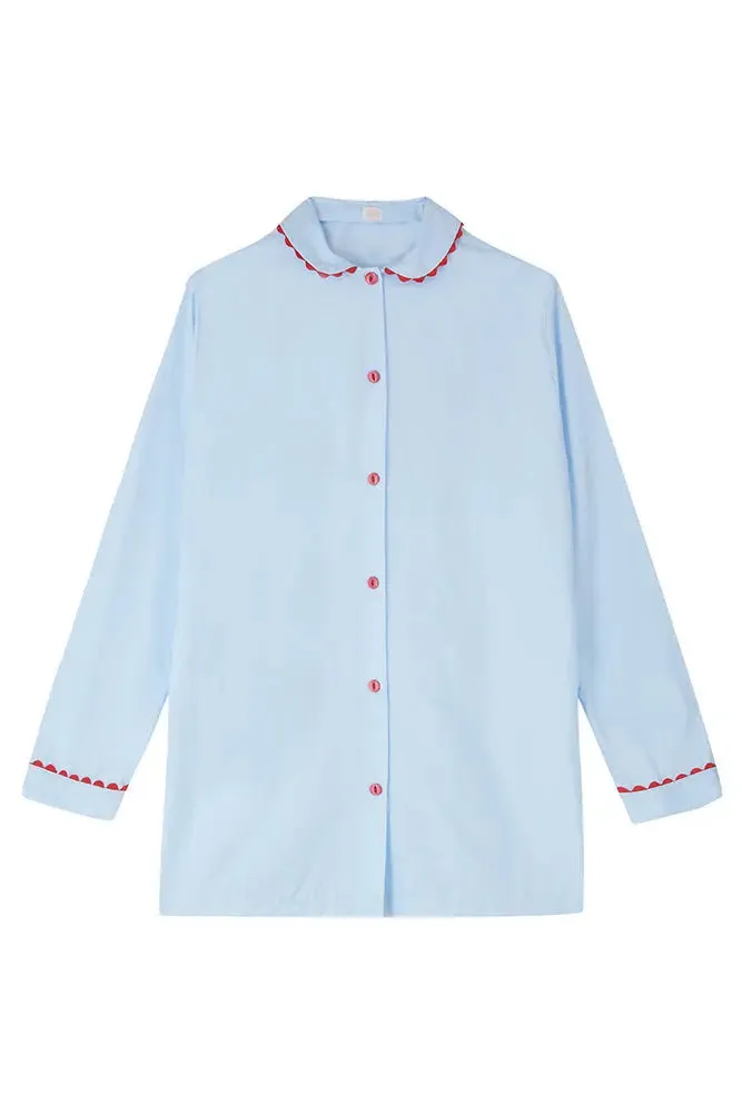 Pale Blue Nightshirt With Red Ric Rac Trim - 100% Cotton Poplin