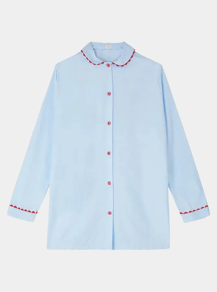 Pale Blue Nightshirt With Red Ric Rac Trim - 100% Cotton Poplin