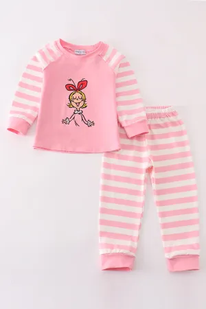 pink stripe girl pajamas set