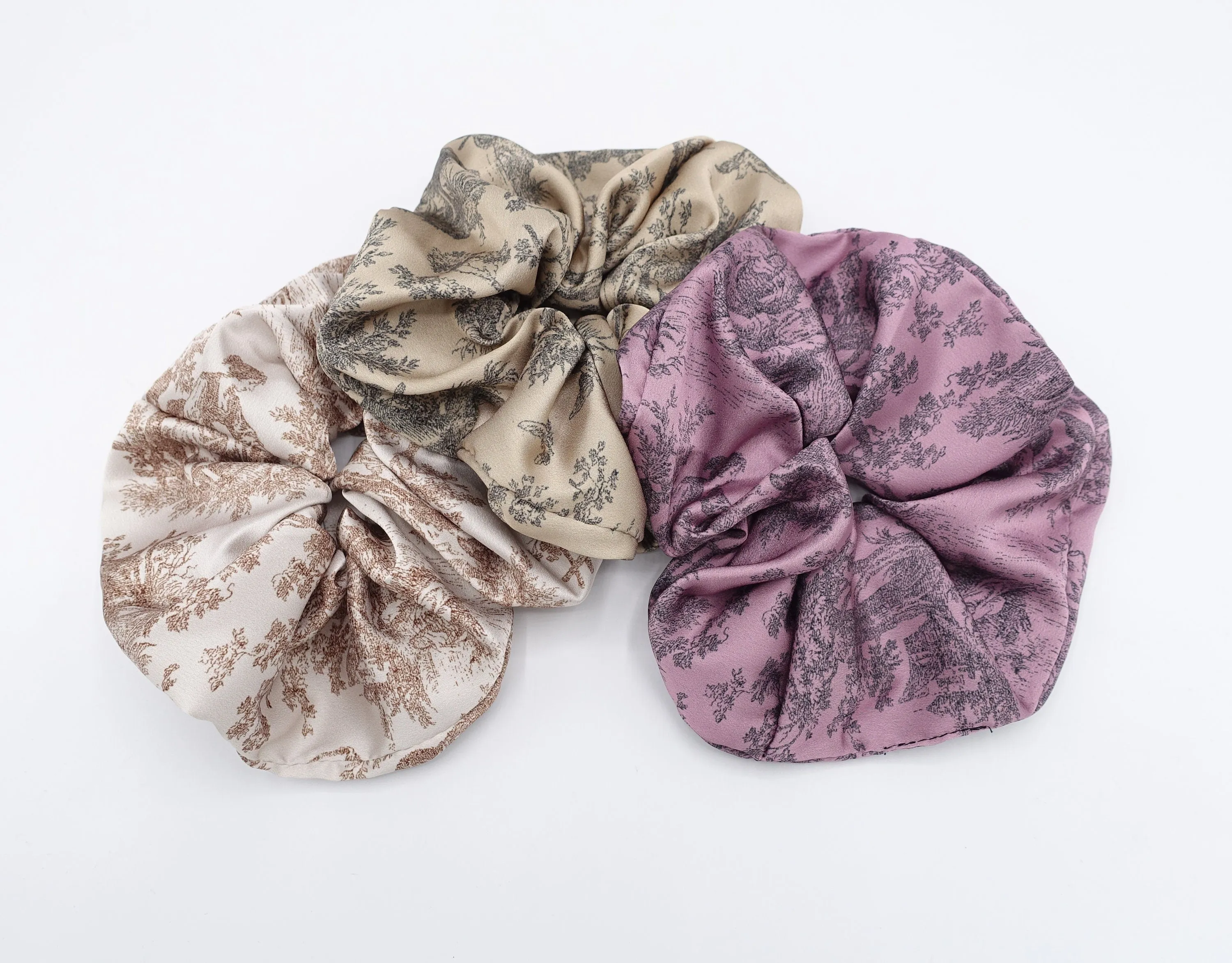 silk satin scrunchies, plant print scrunchies for women