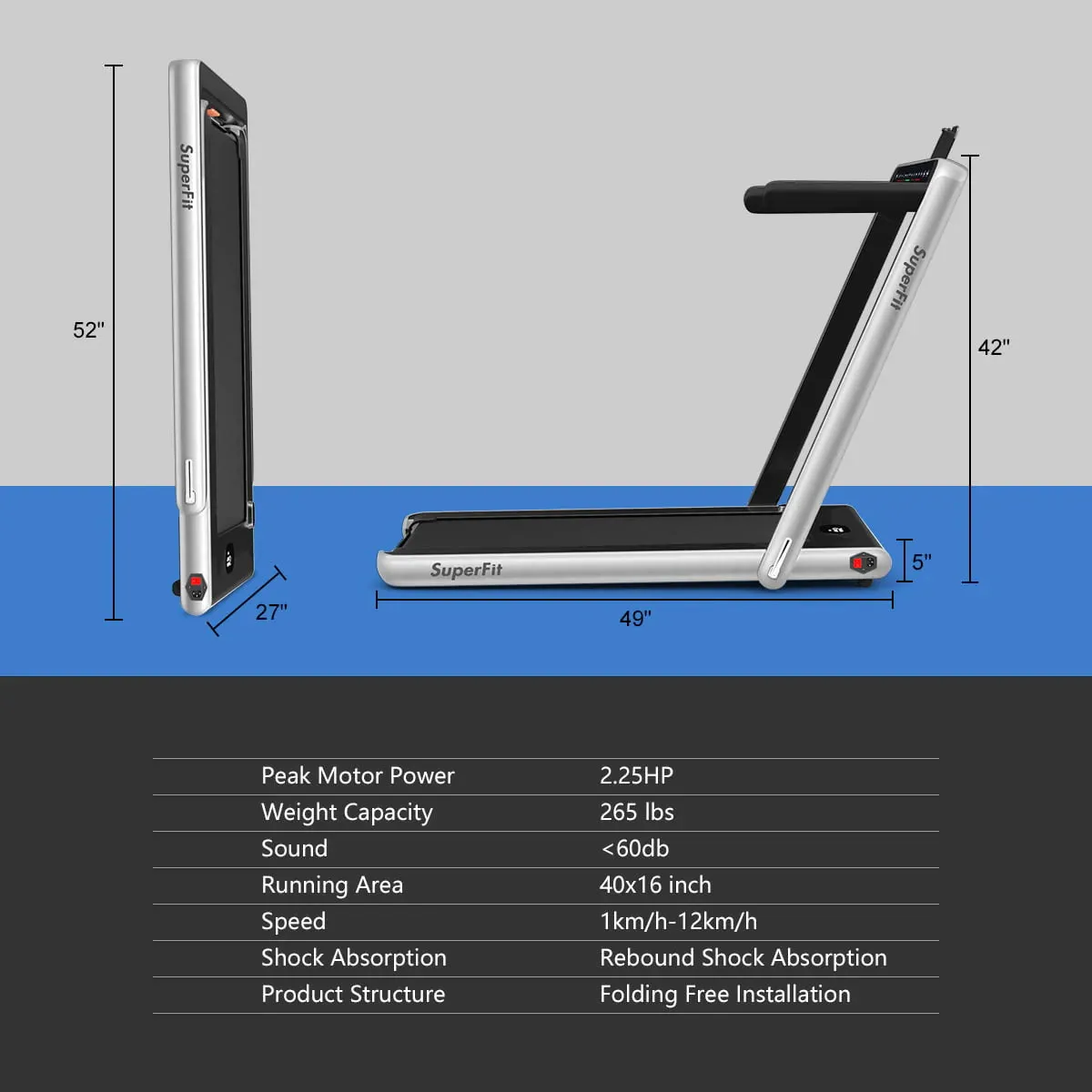 SuperFit 2.25HP 2 in 1 Dual Display Folding Treadmill Jogging Machine Silver