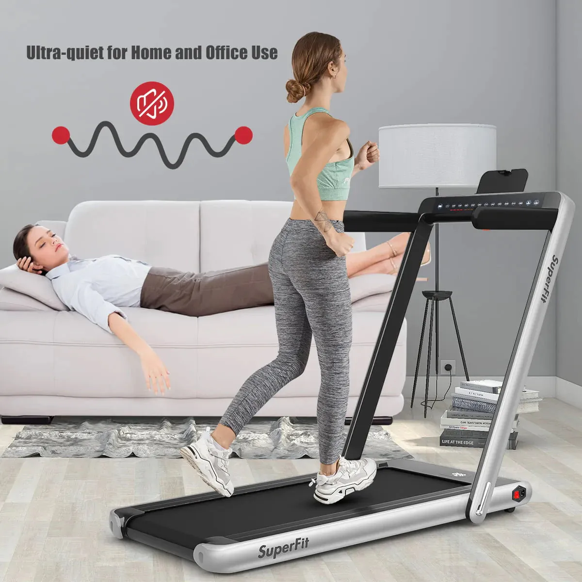 SuperFit 2.25HP 2 in 1 Dual Display Folding Treadmill Jogging Machine Silver