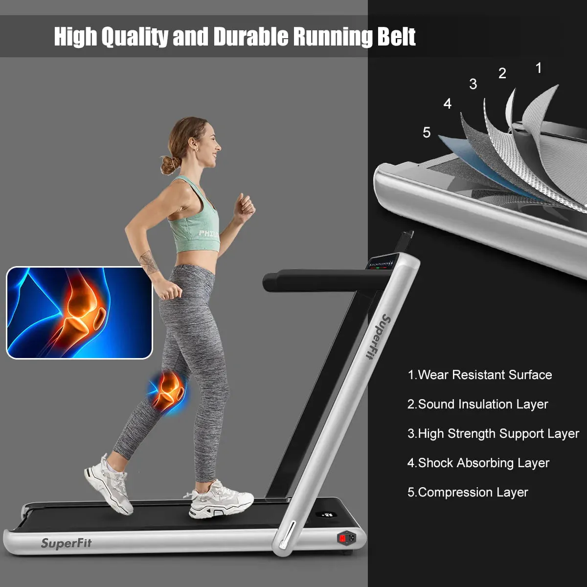 SuperFit 2.25HP 2 in 1 Dual Display Folding Treadmill Jogging Machine Silver