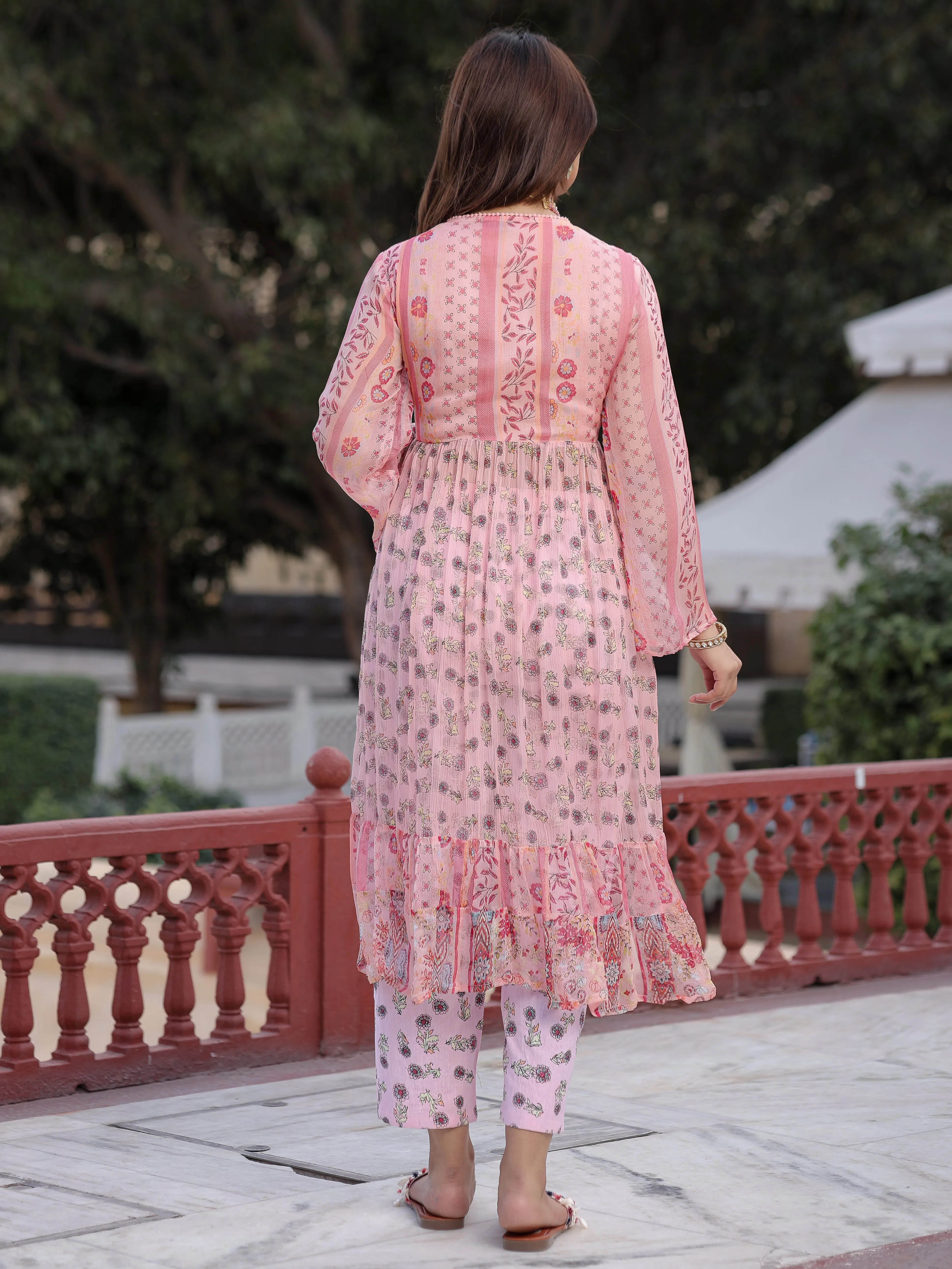 Women Peach Chiffon Floral Kurta Set